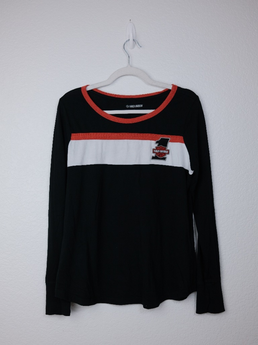 Harley-Davidson Women's Long Sleeve Shirt Black Orange White Logo Size L